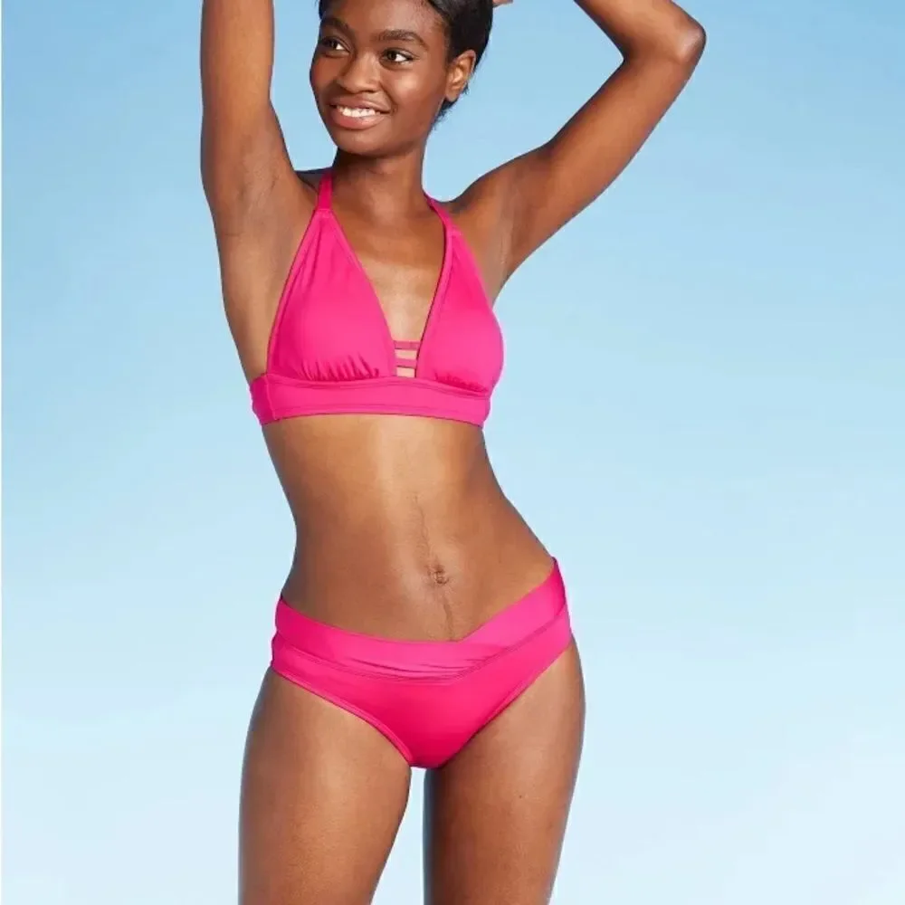 Kona Sol Rose Pink Shirred Hipster Medium Coverage Bikini Bottom